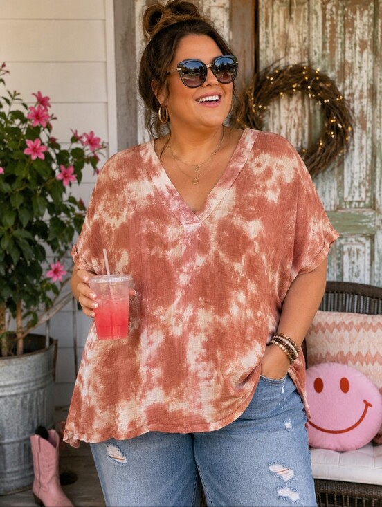 Wonderly Tops - Wonderly Rust Cream Tie Dye Oversized Boho Top XL